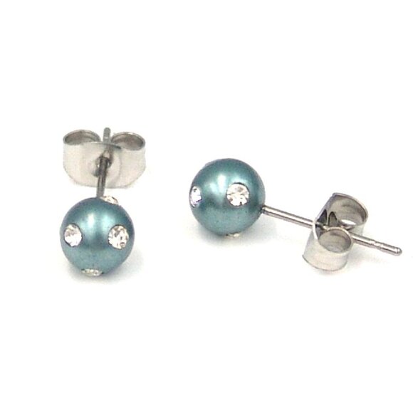 Tahitian Pearl Stud Earrings Faux 6 mm Surgical Steel Hypoallergenic CZ - Picture 3 of 4